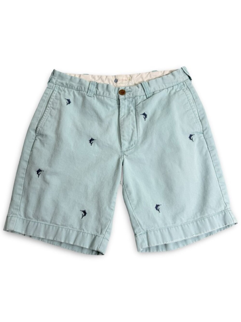 J.Crew Blue Marlin Chino Shorts Mens 31 Teal Embroidered Coastal Preppy Summer